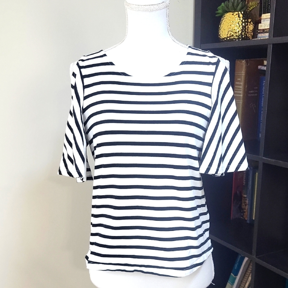 LAUREN RALPH LAUREN Black White Striped Cotton Cold Shoulder Flutter Sleeve Top